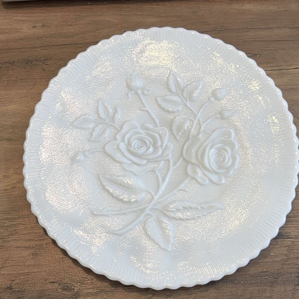 Vintage White Milk Glass Floral Rose Scalloped Edge Plate 10" Diameter